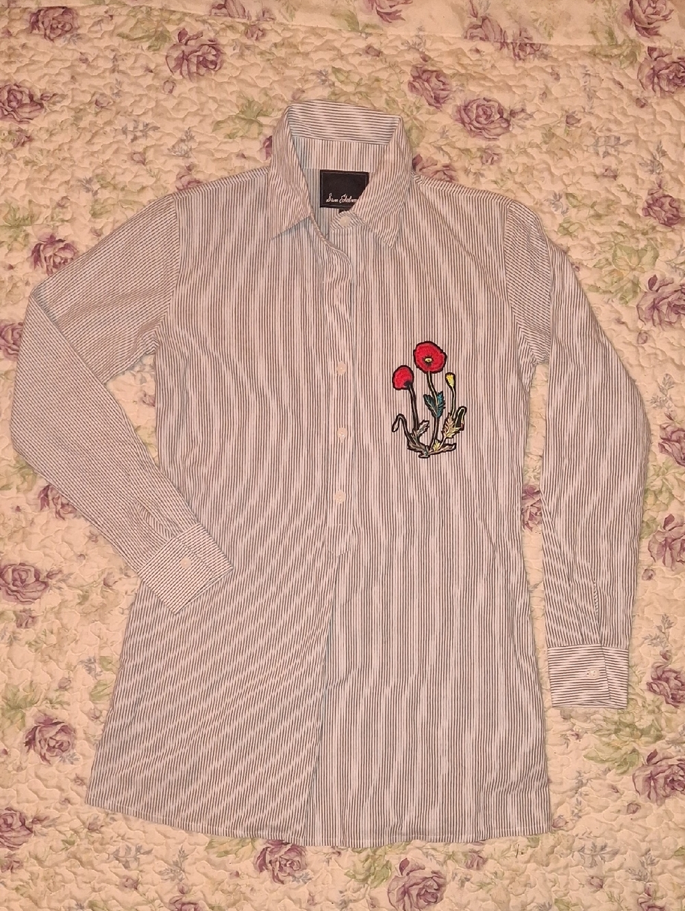 Sam Edelman Navy and White Striped Shirt with Script Label